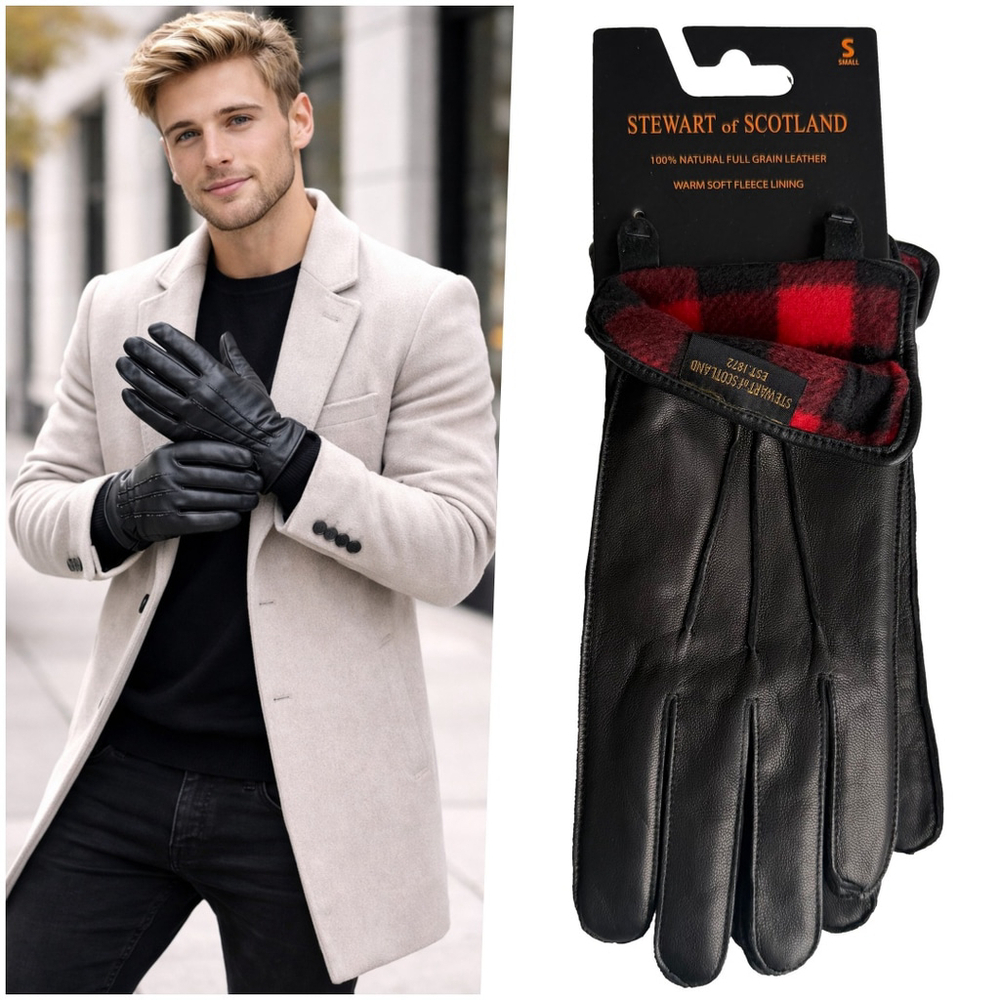 Stewart of Scotland Mens Black Leather Gloves Plaid Fleece Lining Small